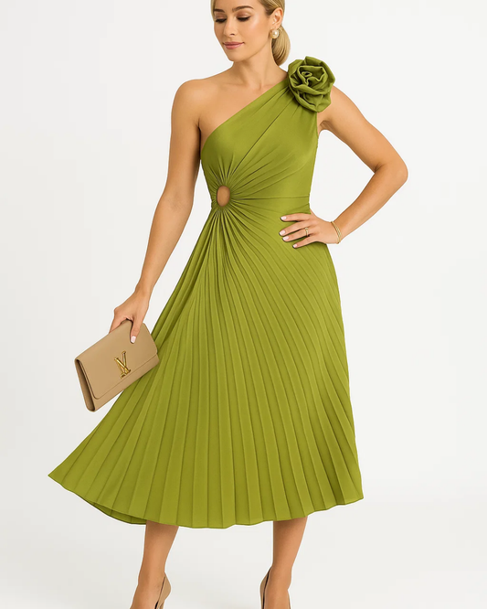 Women's One-Shoulder Pleated Midi Dress