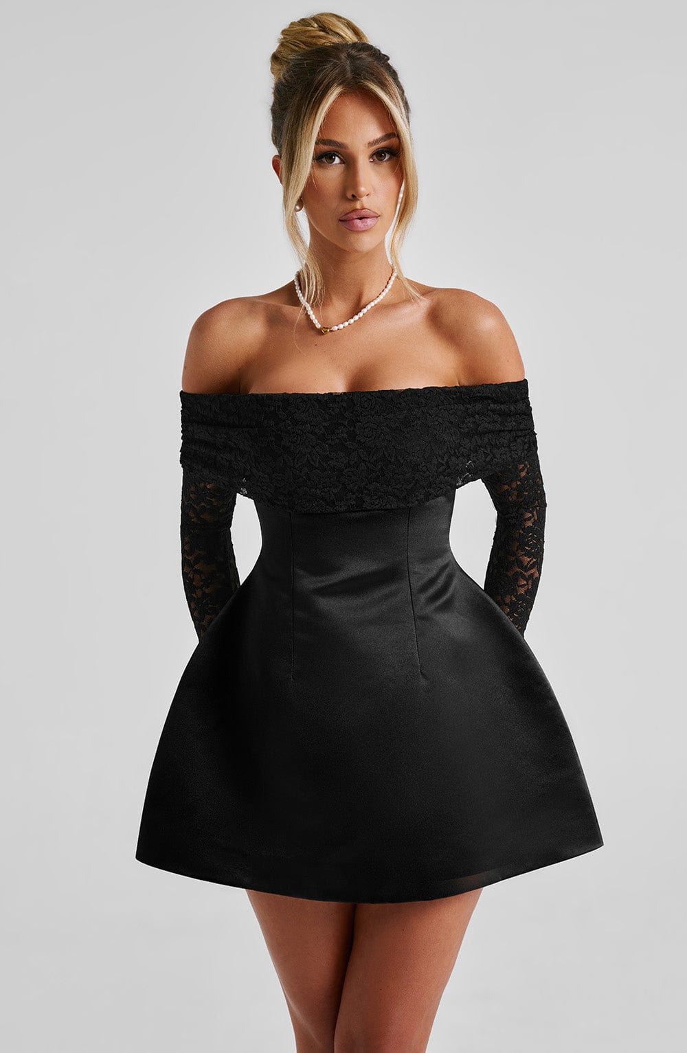 Women's Mini Lace Sleeve Dress With Off-Shoulder Design