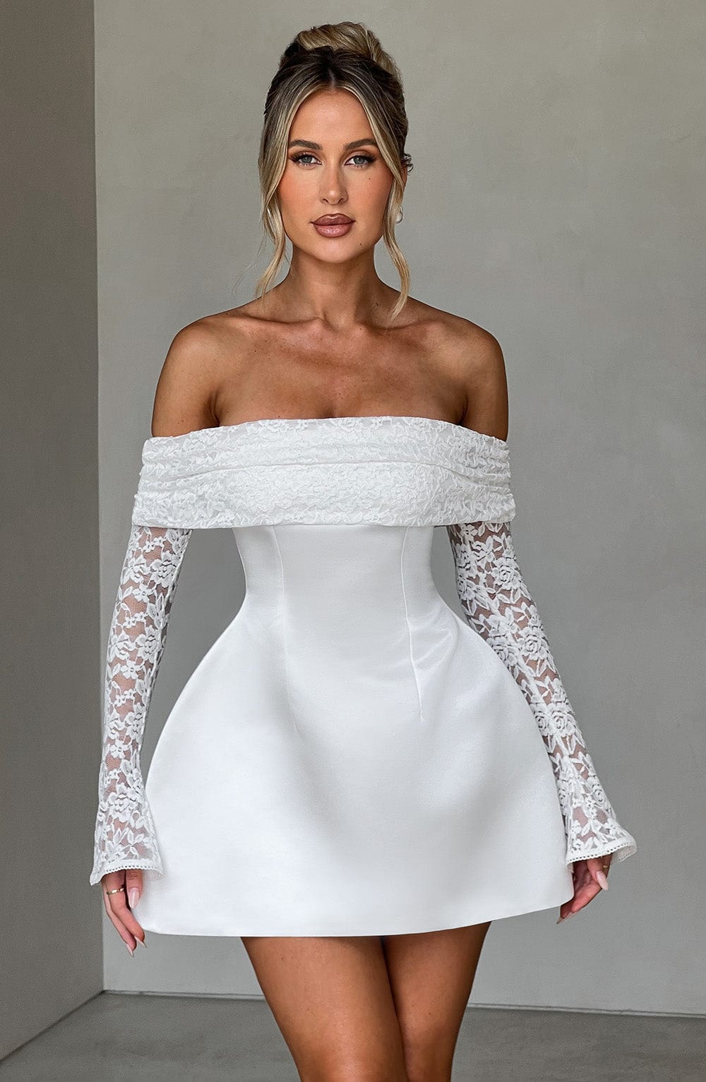 Women's Mini Lace Sleeve Dress With Off-Shoulder Design