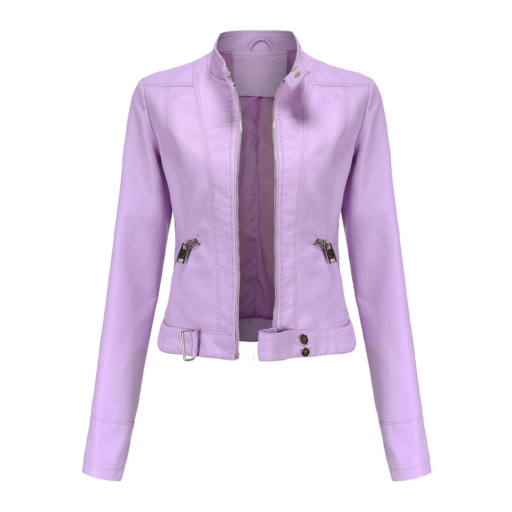 Women's leather jacket with zipper, stand-up collar, and belt