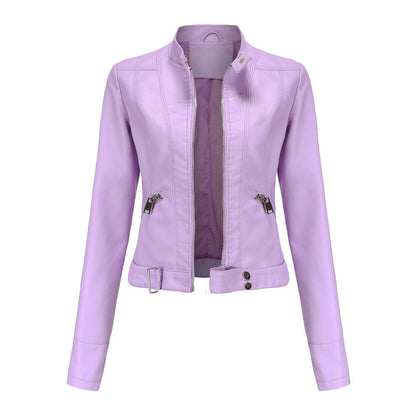 Women's leather jacket with zipper, stand-up collar, and belt