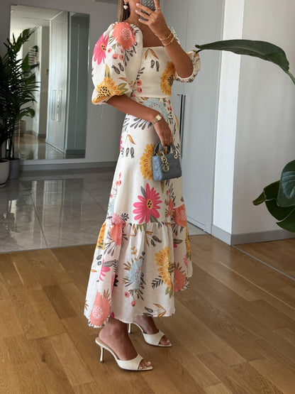 Chic Floral Midi Dress with Puffy Sleeves