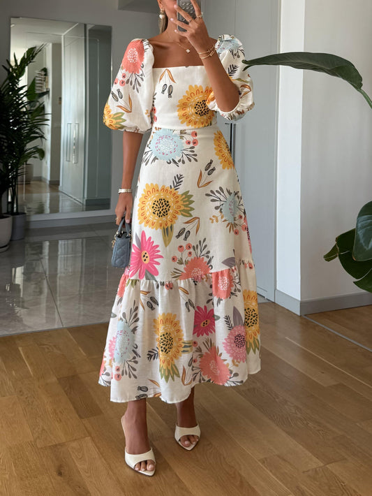 Chic Floral Midi Dress with Puffy Sleeves - Olytrend