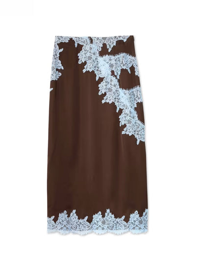 Beautiful Brown Blue Floral Lace Top Skirt Set