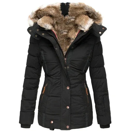 Winter women's coat with fur-trimmed hood, autumn/winter style