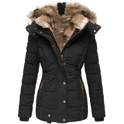 Winter women's coat with fur-trimmed hood, autumn/winter style