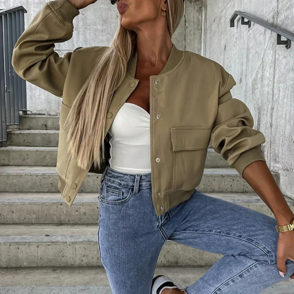 Bomber jacket for women with flap pockets - short model with snap button closure