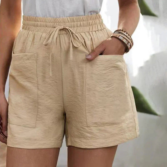 Casual linen shorts for women with elastic waistband and front pockets