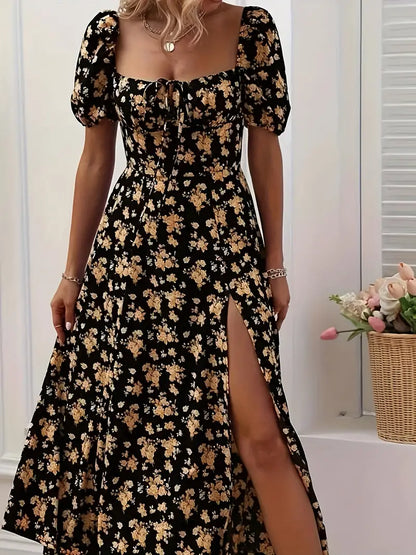 A-line floral dress with puff sleeves, perfect for spring and summer