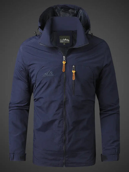 Waterproof rain jacket for men with hood and zippered pockets for outdoor use