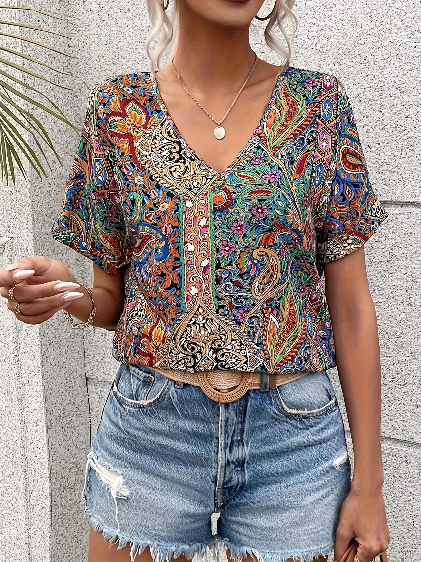 Women's Boho Flower Blouse | Short Sleeve