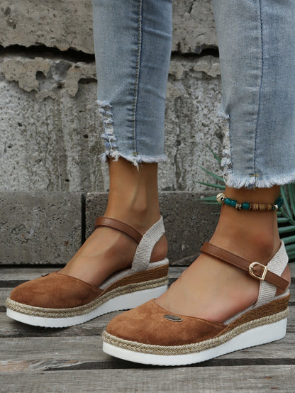 Brown | Ladies Low Heel Ankle Strap Sandals - Olytrend