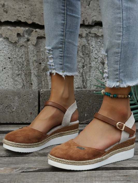 Brown | Ladies Low Heel Ankle Strap Sandals - Olytrend