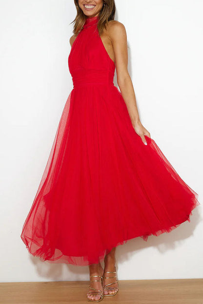 Aya | Chic Mid-Length Dress with High Collar and Open Back