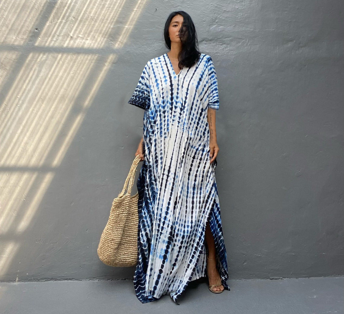 Caftan dress for women - loose fit - V-neck Tie-Dye bohemian style