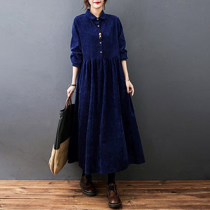 Women's Corduroy Maxi Dress with Shirt Collar and Button Placket