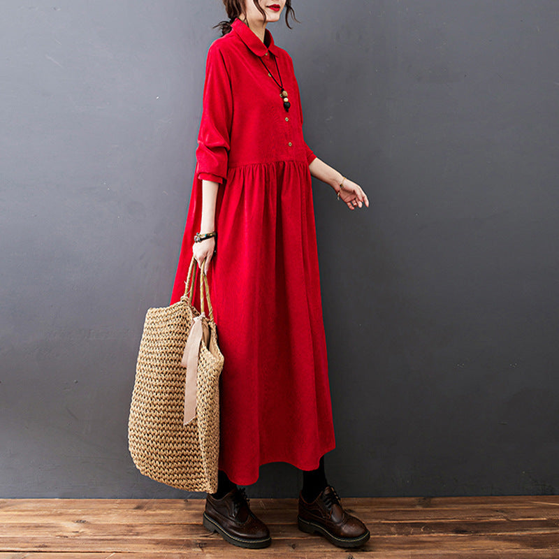 Women's Corduroy Maxi Dress with Shirt Collar and Button Placket