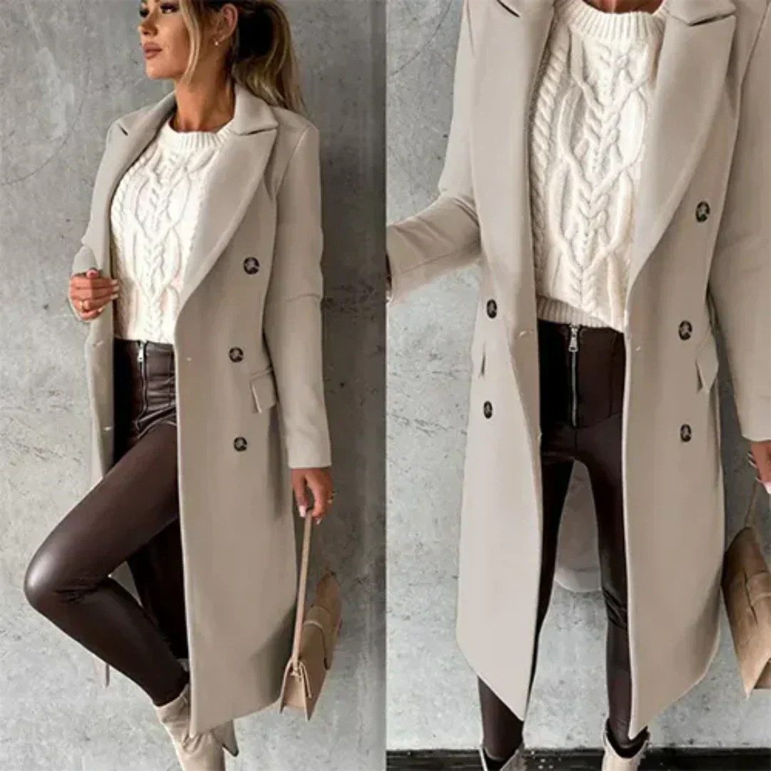 Women's Winter Trench Coat | Double-breasted with Notched Collar