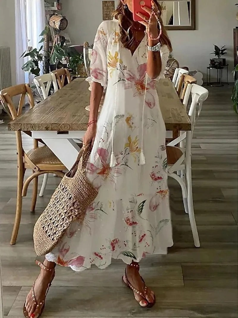 Anna | Bohemian Midi Dress with Three-Quarter Sleeves – Elegance and Lightness