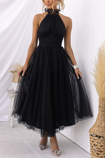 Aya | Chic Mid-Length Dress with High Collar and Open Back