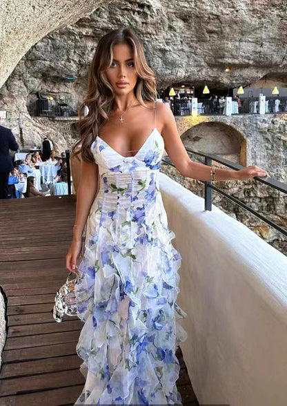 Women's Elegant Maxi Dress with Flowers and Ruffles – Perfect for Special Occasions and Evening Events
