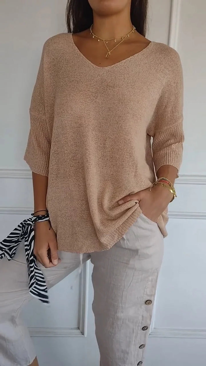 Women's V-neck Oversized Knit Top | Half Sleeve