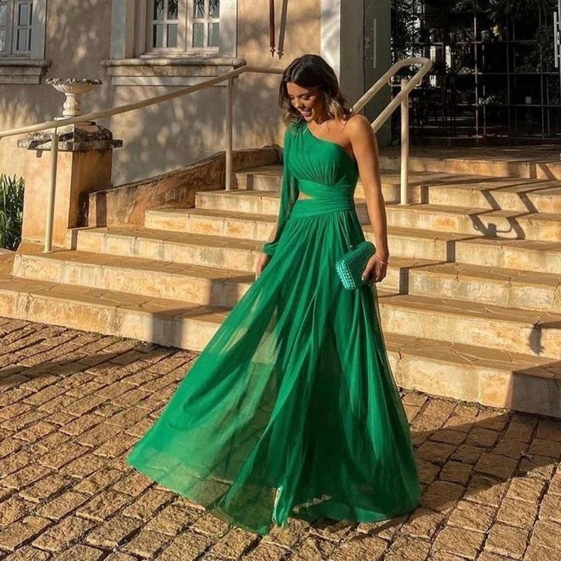 Wafa | Pleated Maxi Dress Asymmetrical Shoulder – Elegance and Modernity