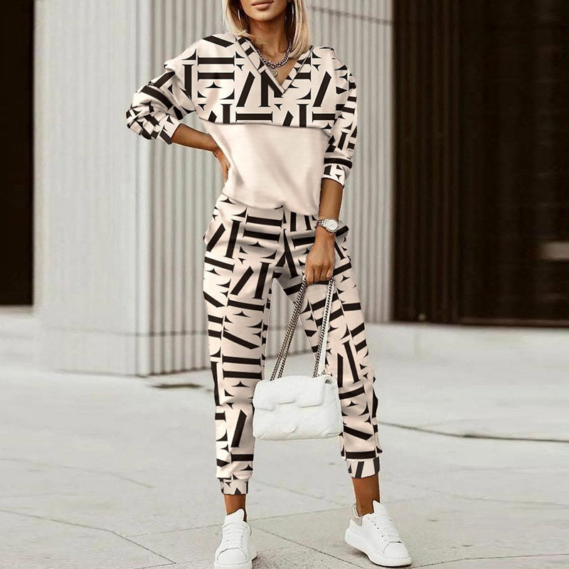 Women's Two-Piece Tracksuit | Geometric Print V-Neck