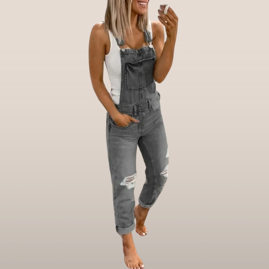 Women's pants - Casual denim jumpsuit with tears and adjustable straps