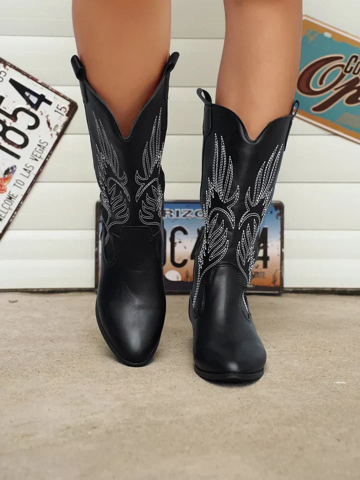 Women's Beige Cowboy Boots with Embroidery and Shine