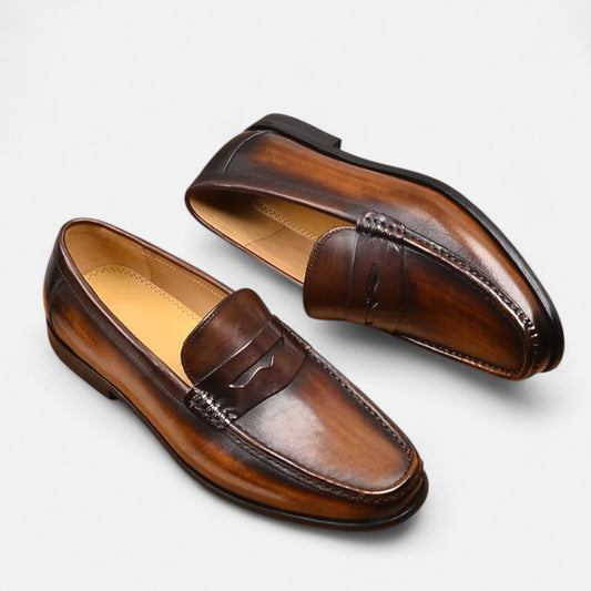 Ancient World | Men's Leather Penny Loafers – Black Elegance Slip-On for Office & Occasions