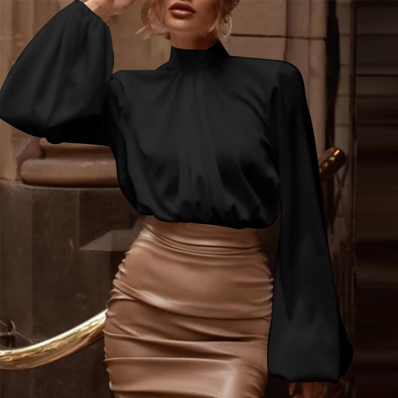 Satin Blouse with High Mandarin Collar and Long Puff Sleeves for Women