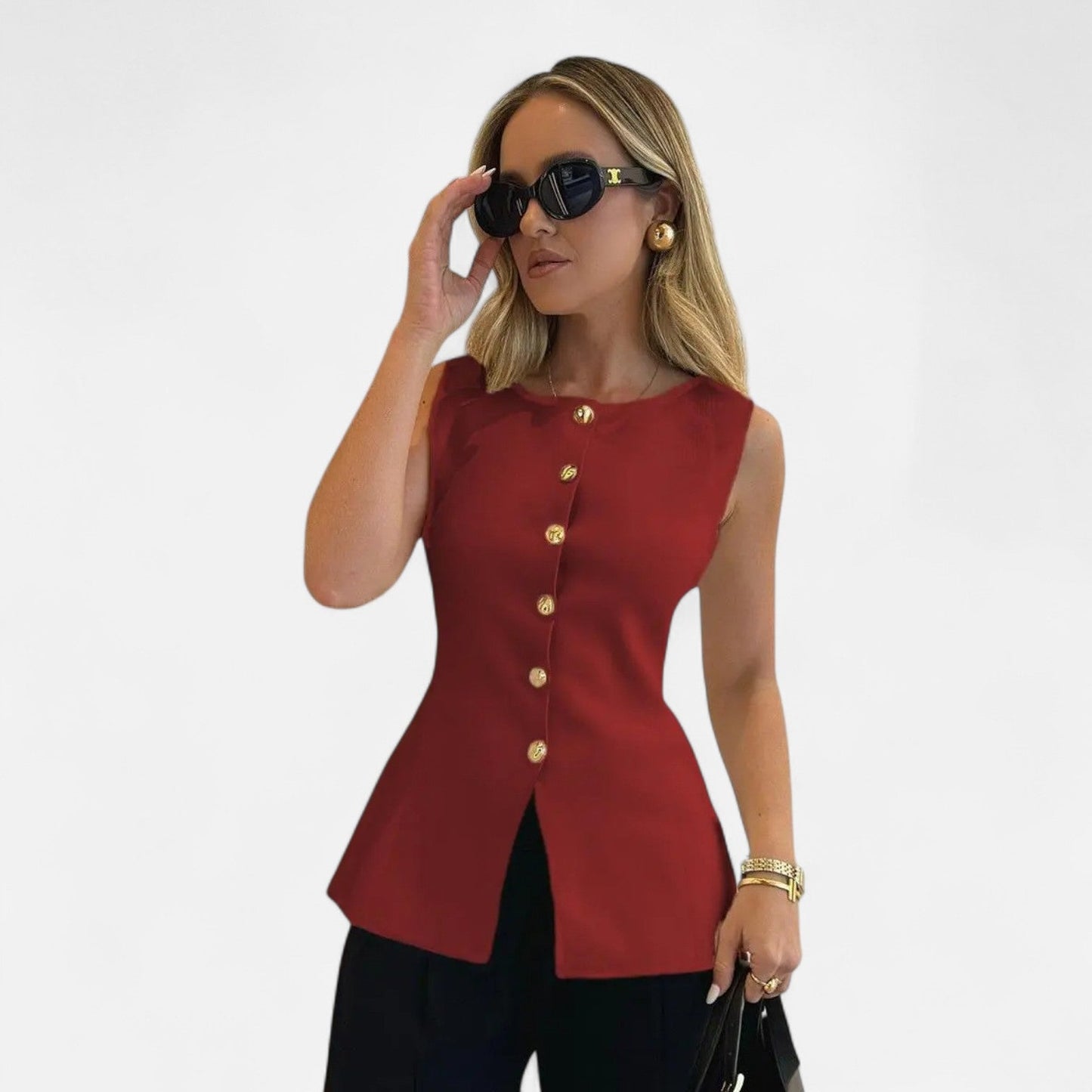 Ancienne Monde | Gold Sleeveless Vest for Women – Fitted V-Neck Cardigan for Autumn