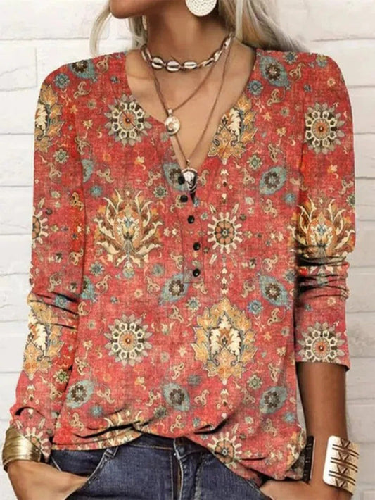 Women's Boho Printed Long Sleeve Blouse | V-Neck