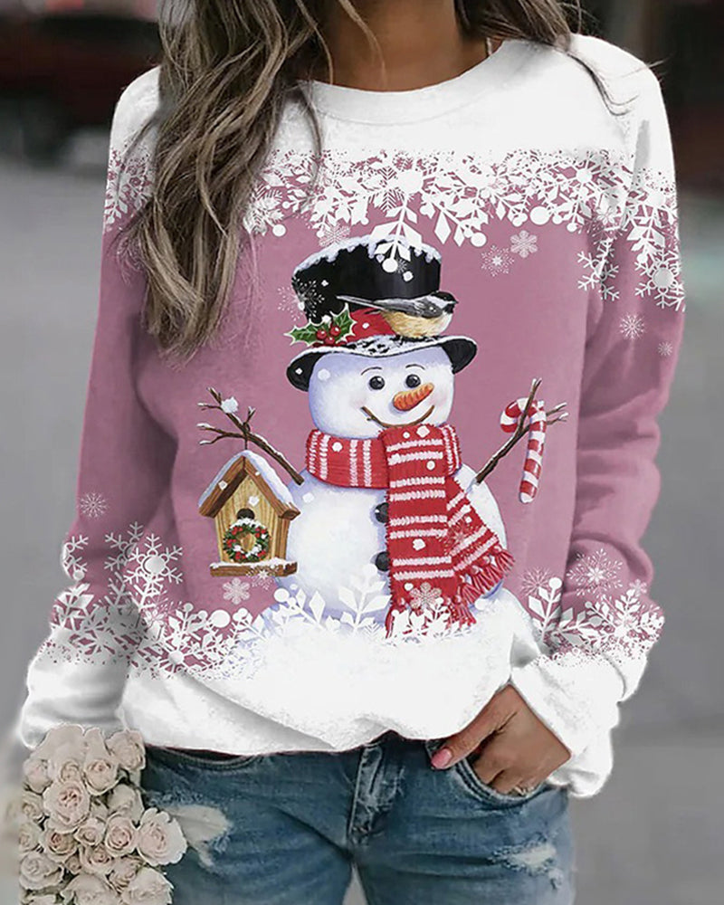 Casual Christmas Sweatshirt with Snowman Print