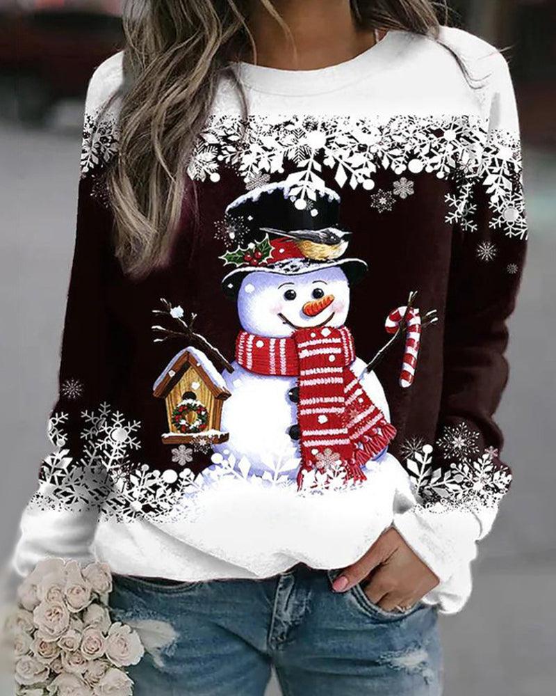 Casual Christmas Sweatshirt with Snowman Print