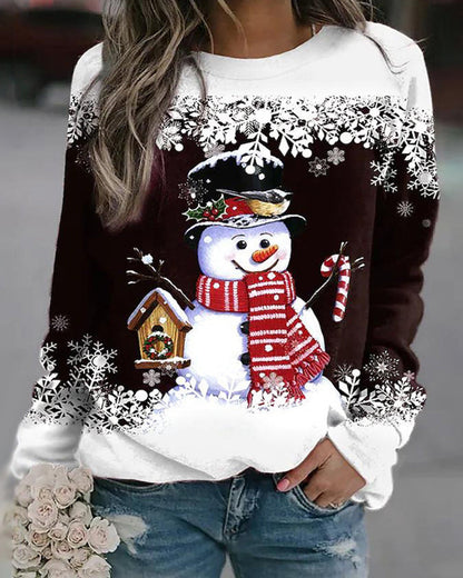 Casual Christmas Sweatshirt with Snowman Print