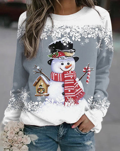 Casual Christmas Sweatshirt with Snowman Print
