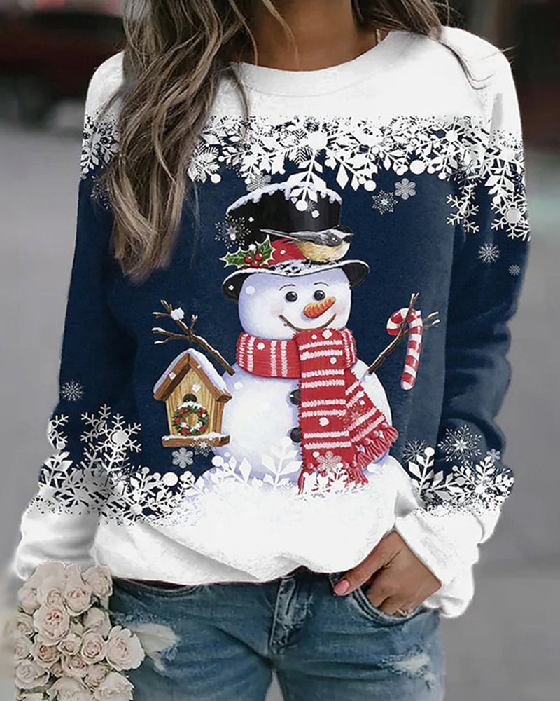 Casual Christmas Sweatshirt with Snowman Print