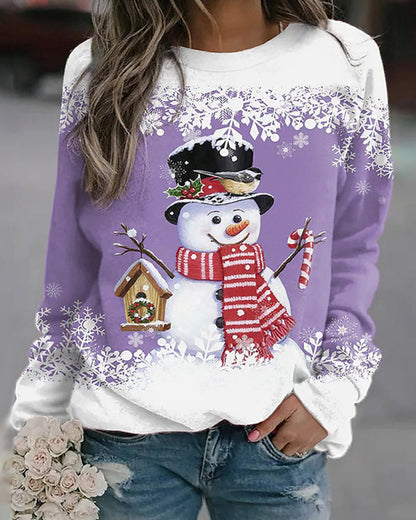 Casual Christmas Sweatshirt with Snowman Print