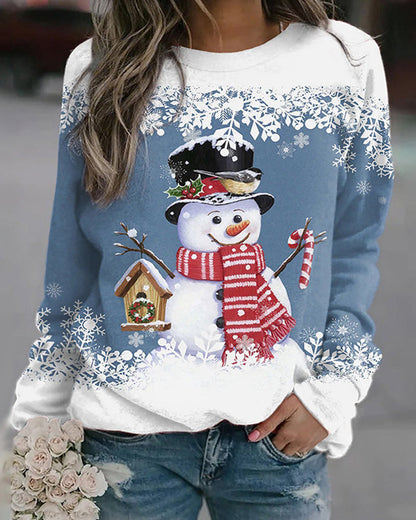 Casual Christmas Sweatshirt with Snowman Print