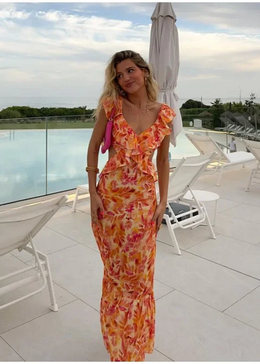 Wafa | Long Bohemian Dress – Floral Patterns and Bright Orange Color