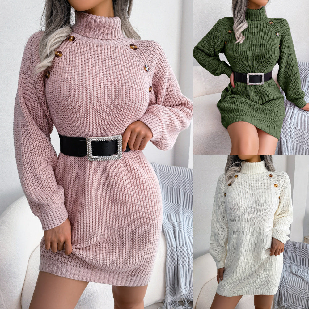 Women's knit dress with turtleneck and belt