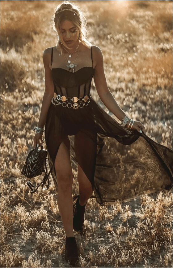 Boho festival dress in black with transparent accents