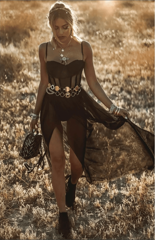 Boho festival dress in black with transparent accents