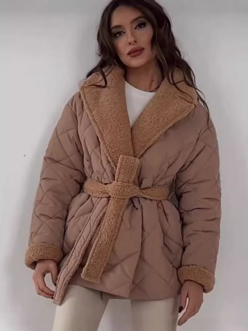 Women's down jacket with lapel collar and tie belt