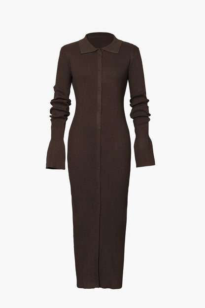 Women's long-sleeve dress with rib knit | Maxi