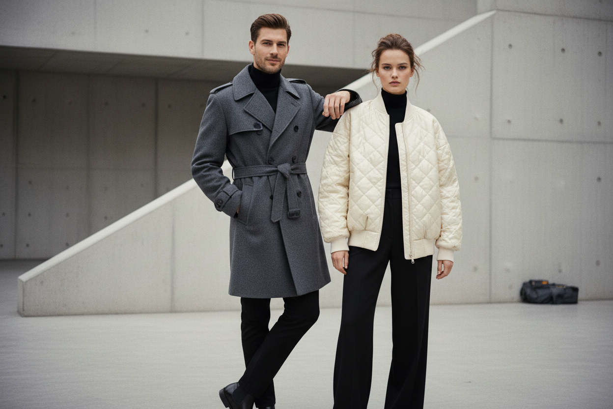 generate a man and woman posing for fashion wearing coat and jacket 