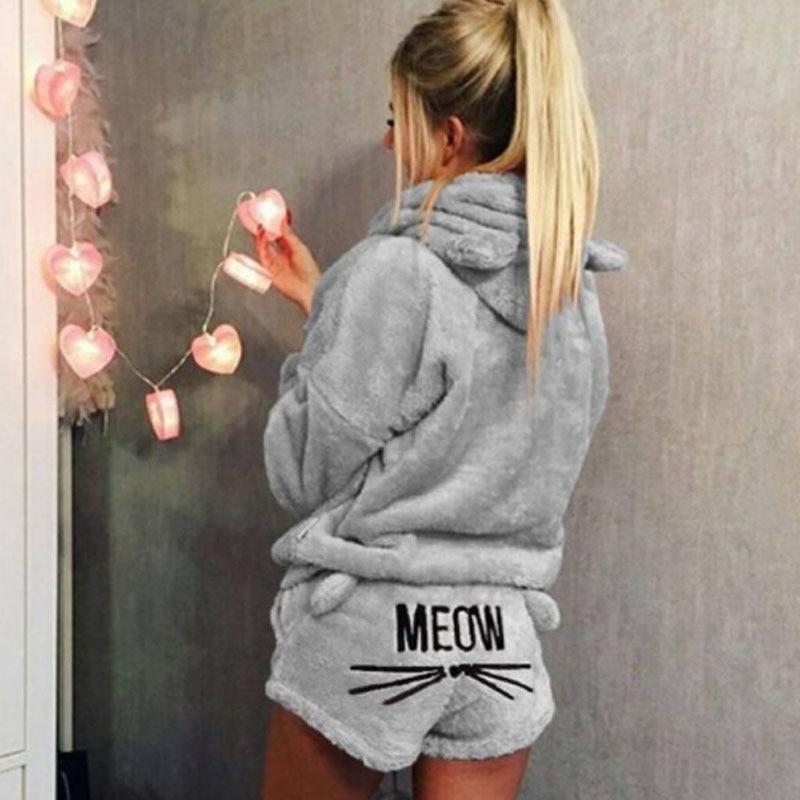 Women's Pajama Set | Hoodie and Shorts with Cat Motif