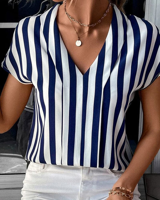 Casual Striped V-Neck Women's Blouse - Olytrend